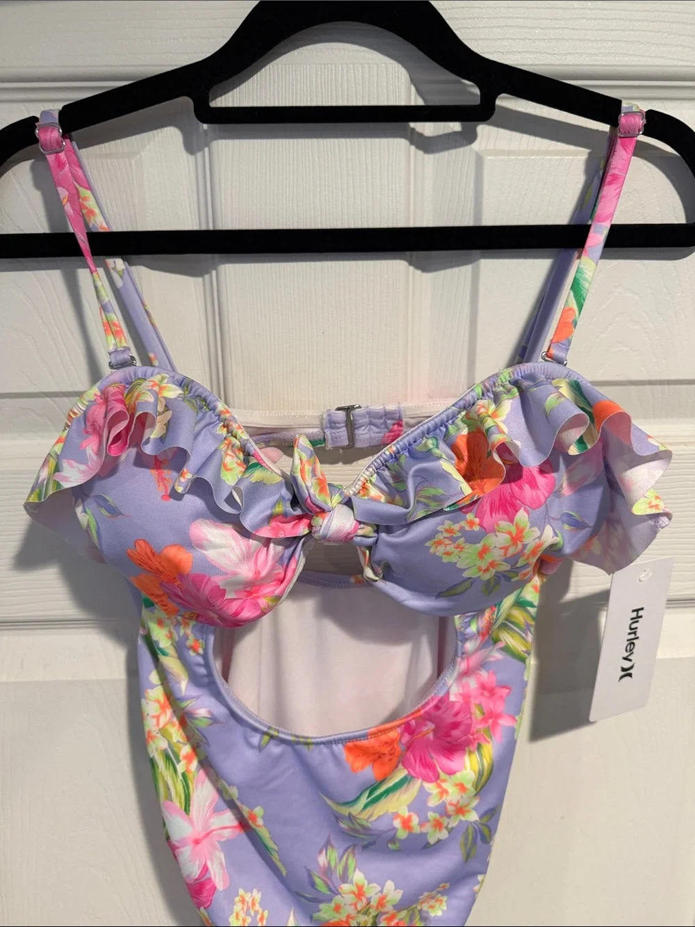 Hurley Lavender Floral Ruffle One-Piece Swimsuit with Pink & Orange Blooms